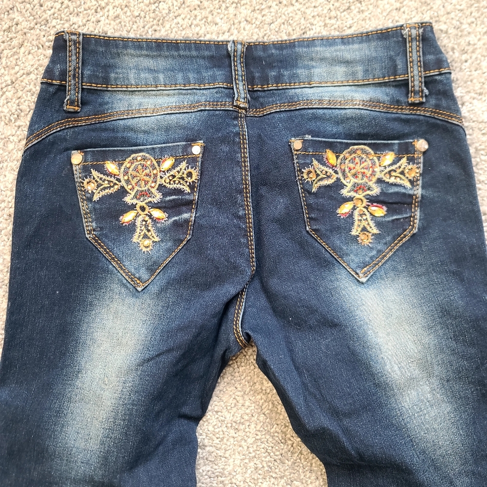 Blue Skinny Jeans with Floral Embellishments - Picture 4 of 5